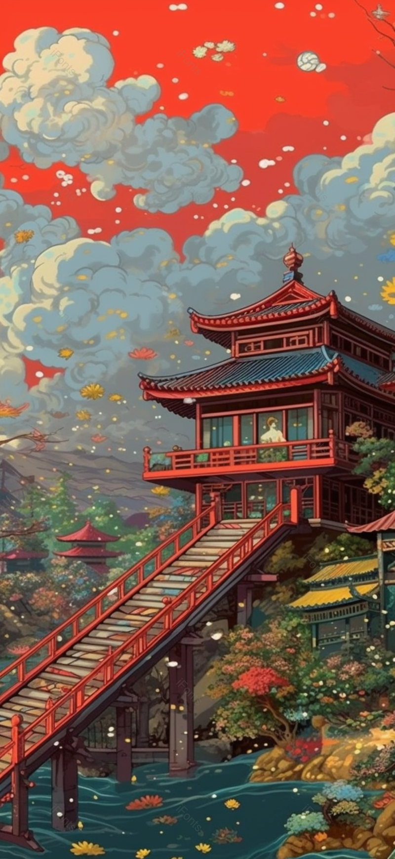 国潮风亭台楼阁建筑祥云背景插画手绘图,插画/手绘图,插画/手绘图库,插画/手绘图下载,插画/手绘